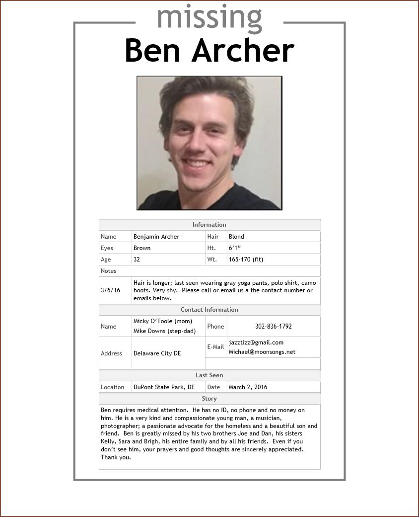 Ben Archer Missing please call 302-836-1792